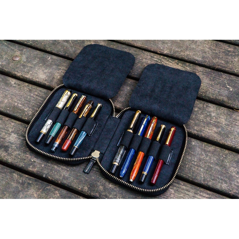 Galen Leather Zippered 10 Slots Pen Case Black