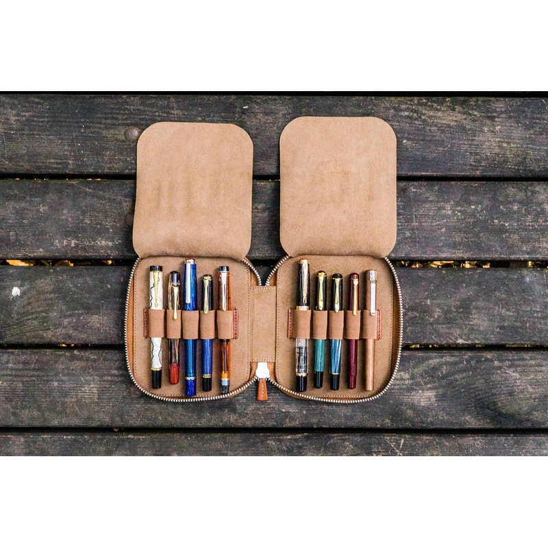 Galen Leather Zippered 10 Slots Pen Case Brown
