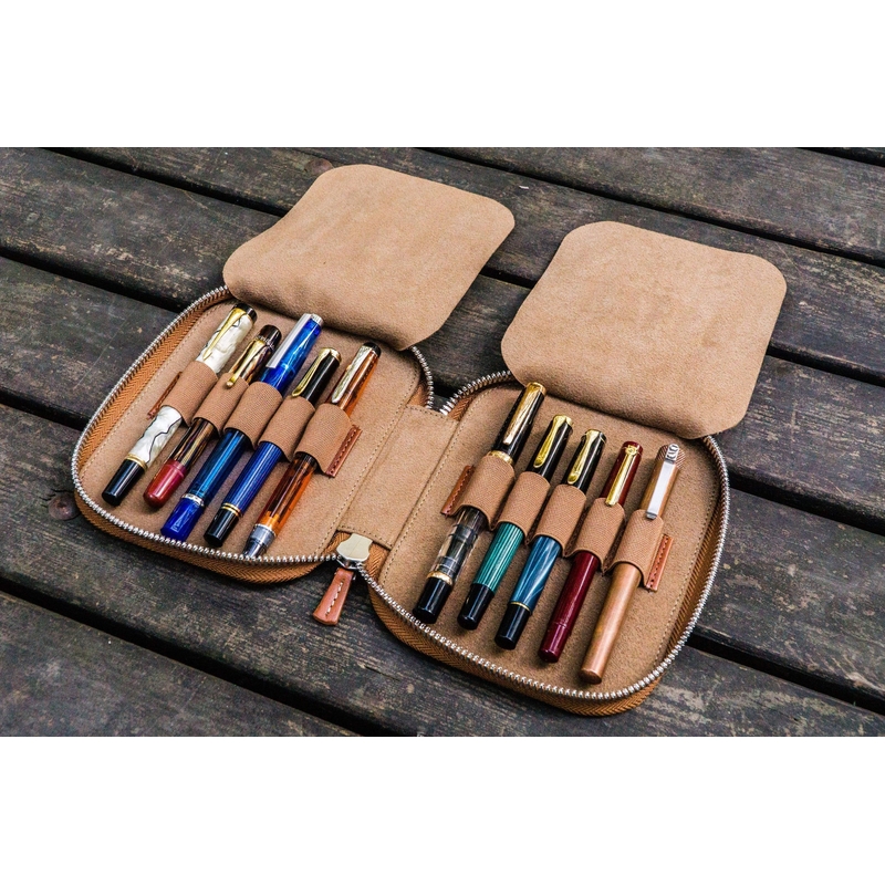 Galen Leather Zippered 10 Slots Pen Case Brown
