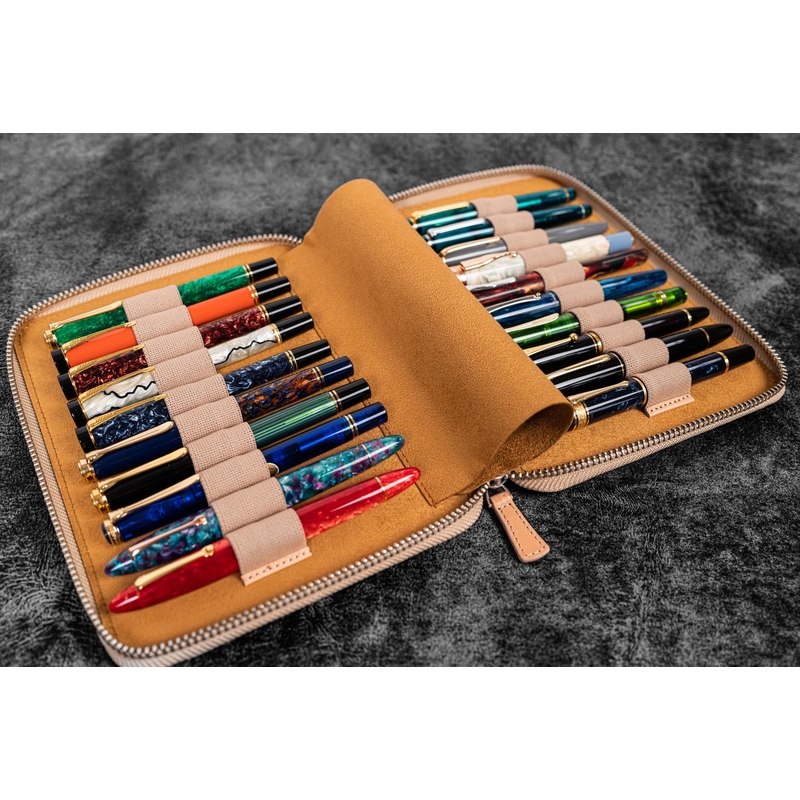 Galen Leather Zippered 20 Slots Pen Case Undyed Leather