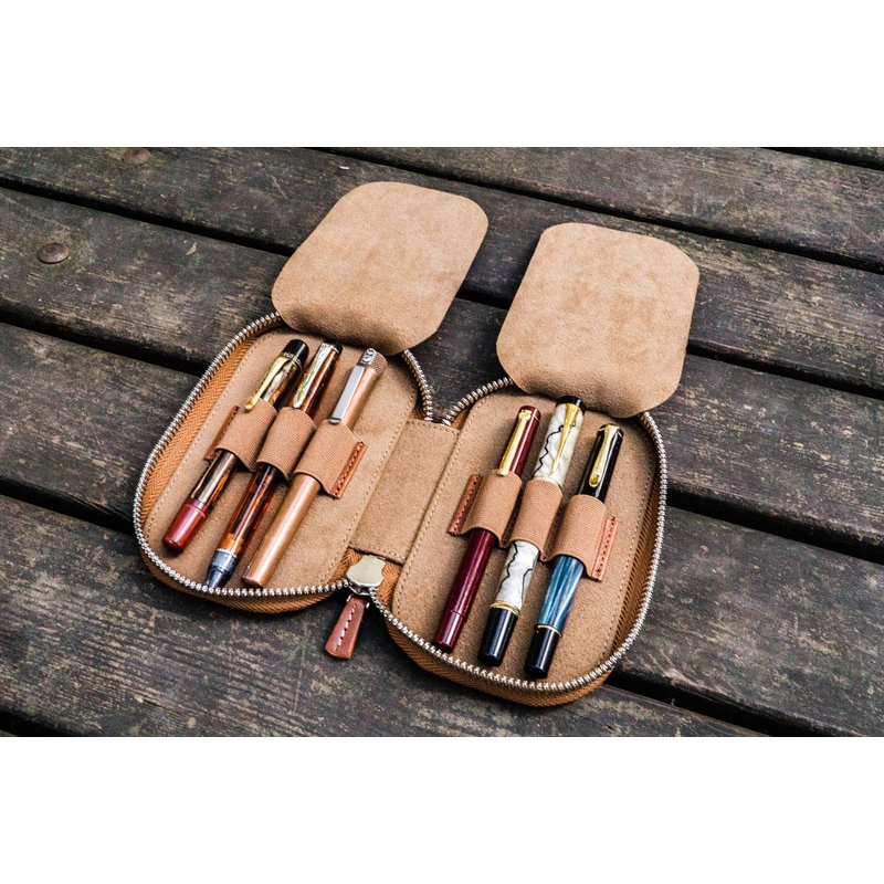Galen Leather Zippered 3 Slots Pen Case Brown