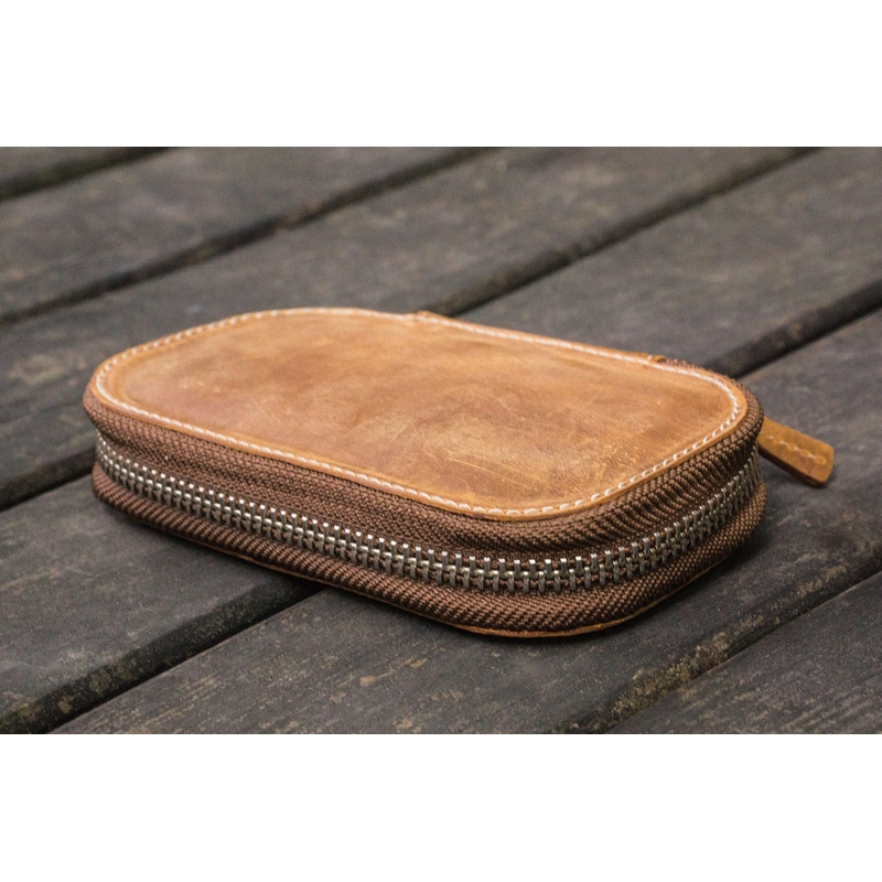 Galen Leather Zippered 6 Slots Pen Case Crazy Horse Brown