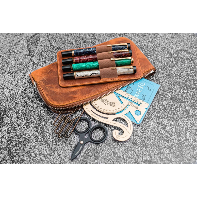 Galen Leather Slip-N-Zip 4 Slots Zippered Pen Pouch Crazy Horse Brown