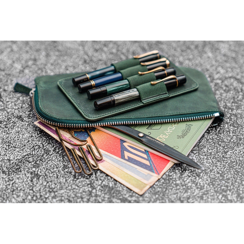 Galen Leather Slip-N-Zip 4 Slots Zippered Pen Pouch Crazy Horse Forest Green
