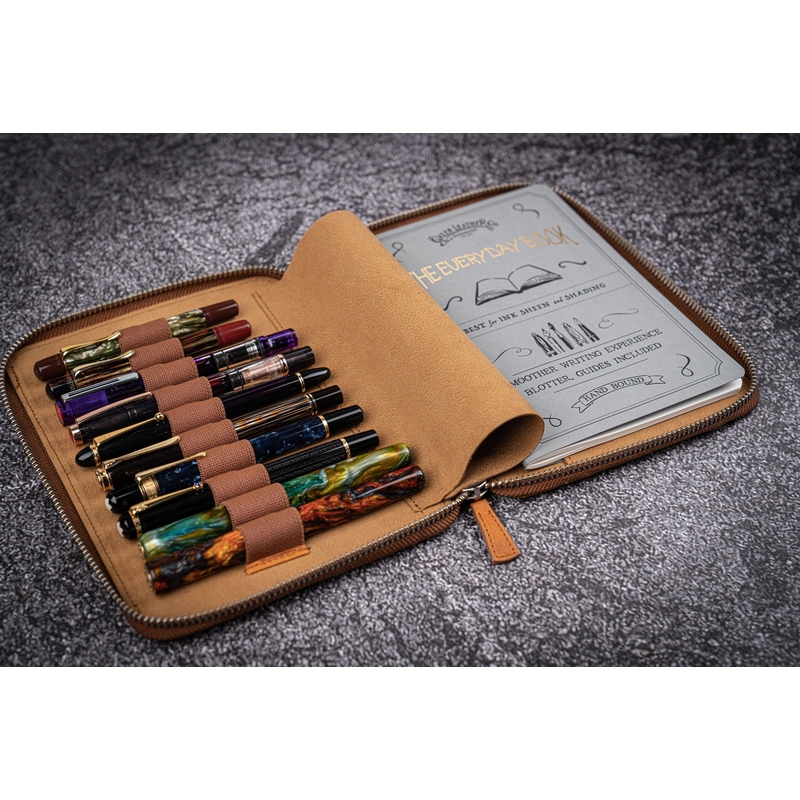Galen Leather Zippered 10 Slots Pen Case with A5 Notebook Crazy Horse Brown