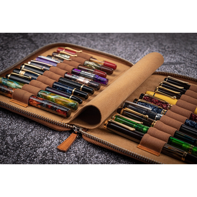 Galen Leather Zippered 20 Slots Pen Case Crazy Horse Brown