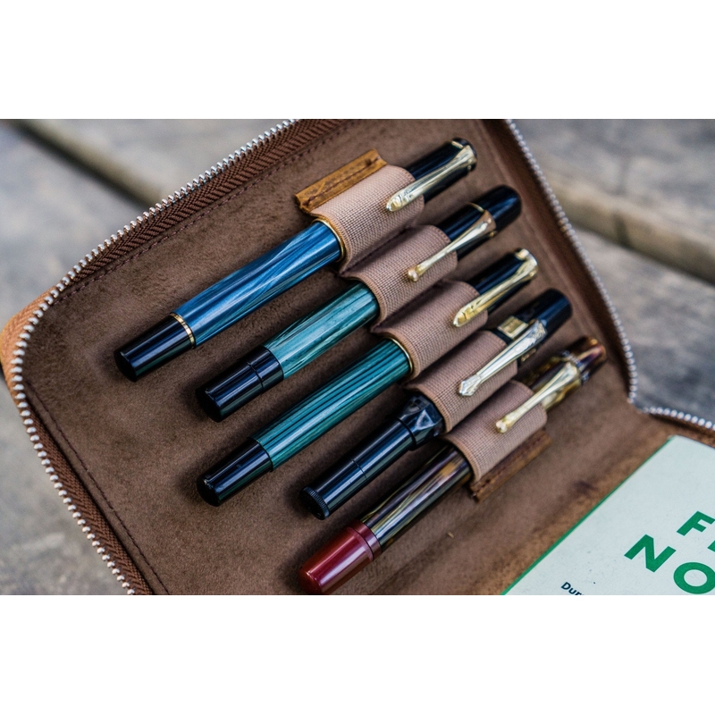 Galen Leather Zippered 5 Slots Pen Case with A6 Notebook Crazy Horse Brown