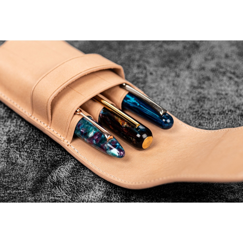 Galen Leather Flap Pen Case for 3 Pens Undyed