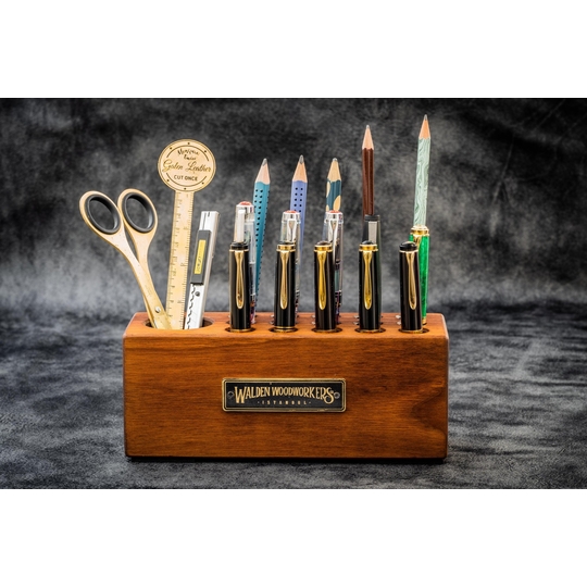 Galen Leather Wood Desk Organizer Portapenne in Legno di Noce