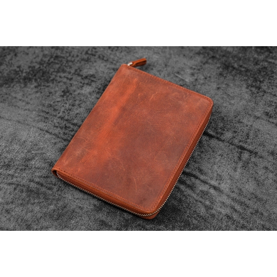 Galen Leather Zippered 5 Slots Pen Case with A6 Notebook Crazy Horse Orange