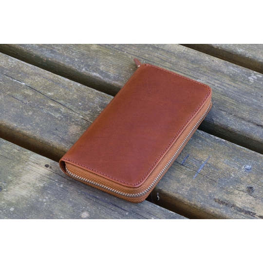 Galen Leather Portapenne in Pelle con Zip 3 Posti Marrone