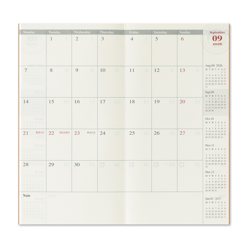 Traveler's Company Traveler's Notebook Refill 2026 Monthly Diary Regular Size