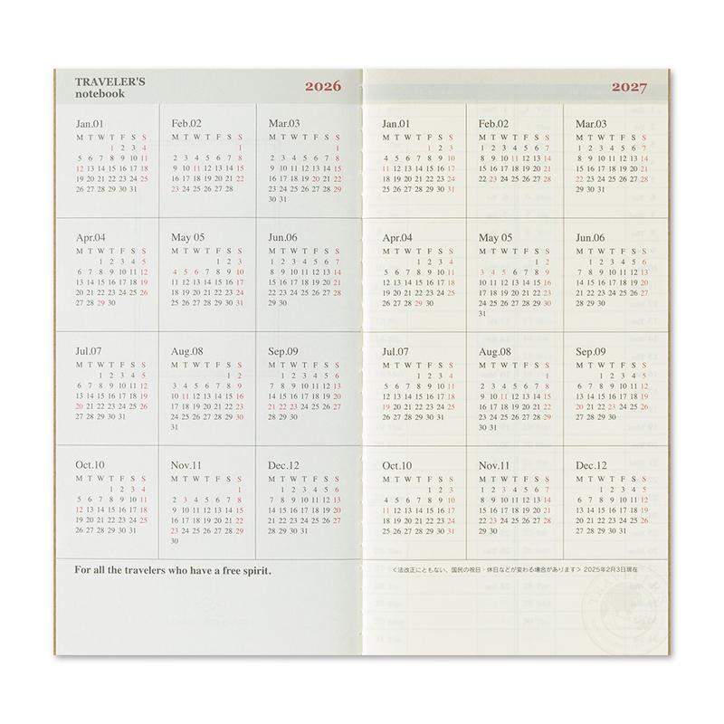 Traveler's Company Traveler's Notebook Refill 2026 Weekly + Memo Diary Regular Size