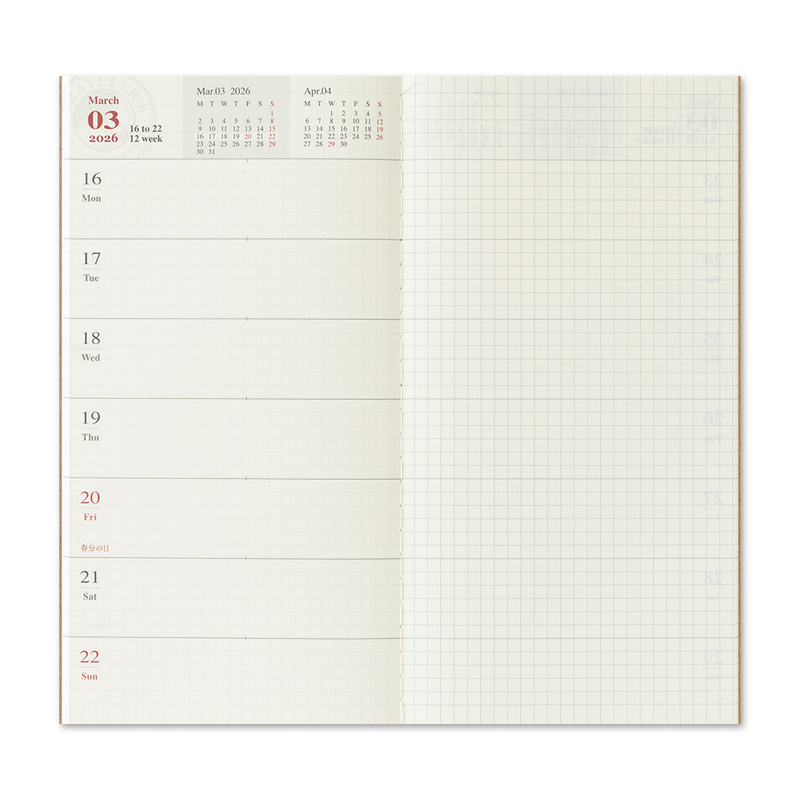 Traveler's Company Traveler's Notebook Refill 2026 Weekly + Memo Diary Regular Size