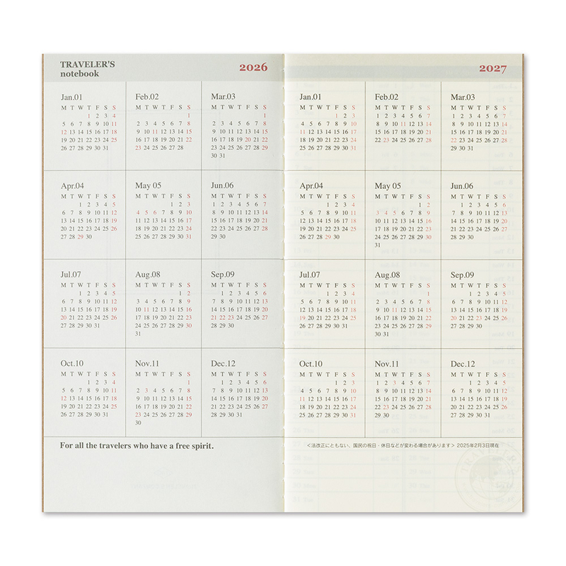 Traveler's Company Traveler's Notebook Refill 2026 Weekly Vertical Diary Regular Size